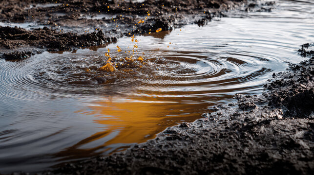 Calm moment of rainwater drop splashing into muddy puddle, creating ripple on brown water surface with wet dirt and earth