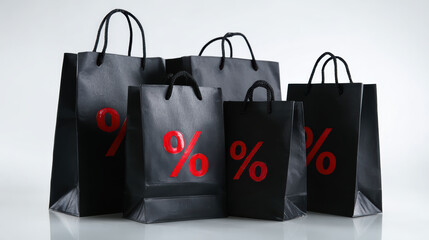 Thrilling sale and discount promotion offer with black shopping bag. red percent symbol on bag for big retail bargain shopping event