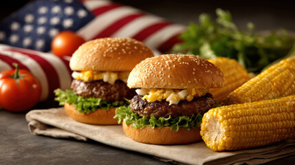 Patriotic American food meal for summer barbecue celebration. delicious burger with corn and flag for festive national holiday