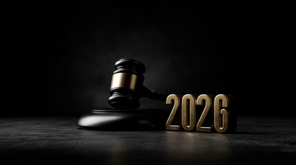 Serious new year 2026 concept with judge gavel on dark table. symbol of law, justice, court, legal judgment and future legislation