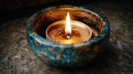 Single candle flame offers warm light in dark, spiritual symbol of hope, resilience, and meditation inside rustic stone holder