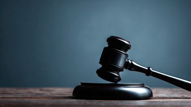 Serious judge gavel and block on wooden table for justice, representing authority, law, judgment, and court decisions with dark background