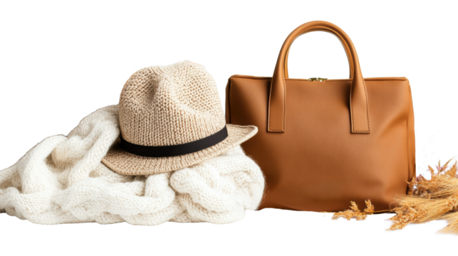 Stylish hat and accessories on transparent background