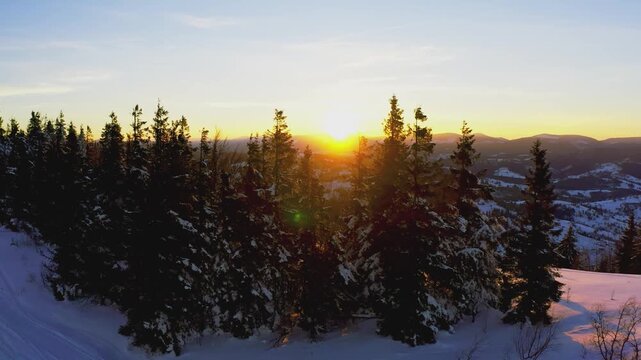 An extraordinary valley with hills and mountains covered with fir forests against the backdrop of a bright fiery sunset