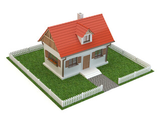 3D-rendered suburban house with red roof and white fence, symbolizing home design and real estate charm.