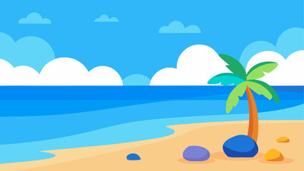Cartoon beach scene with palm tree and blue sky on transparent background