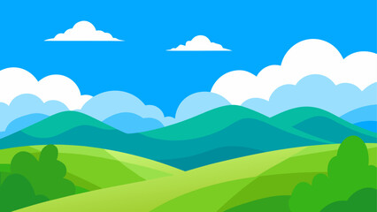 Cartoon landscape with hills and clouds in the sky on transparent background