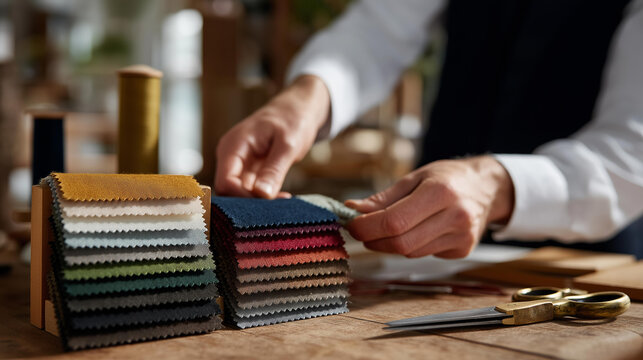 A hand flipping through a stack of colorful fabric swatches beside sewing tools — textile design workflow, fashion industry creativity, handmade craftsmanship, and small business production. - Powered by Adobe