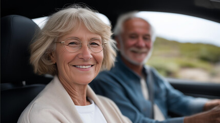 Joyful senior couple driving an electric car through countryside roads surrounded by green fields, representing eco-friendly transportation, independence in aging, and modern senior lifestyle