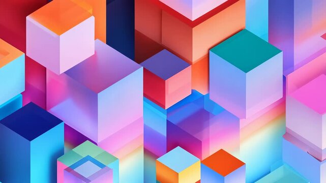 Abstract geometric composition featuring colorful 3D cubes in an isometric design with vibrant gradients, dynamic lighting, and glossy surfaces for modern digital design