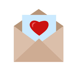 Beige envelope with heart on white background. Love letter. Valentine's Day
