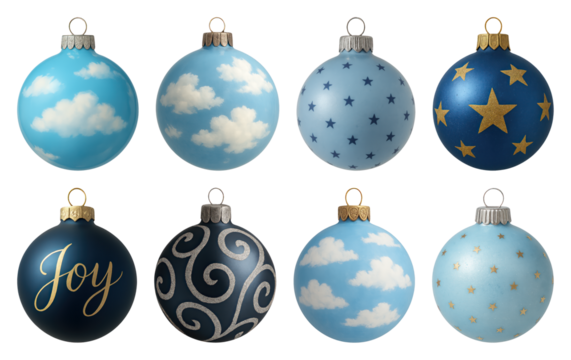 PNG Festive blue ornaments with patterns, transparent background