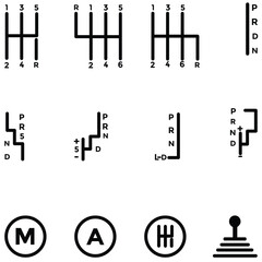 Car Manual Shift Lever Icon Set – Transmission, Gear Stick, and Automotive Control Symbols Vector Illustration