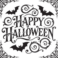 Happy halloween" text with vintage bats and ornate border design