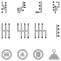 Car Manual Shift Lever Icon Set – Transmission, Gear Stick, and Automotive Control Symbols Vector Illustration