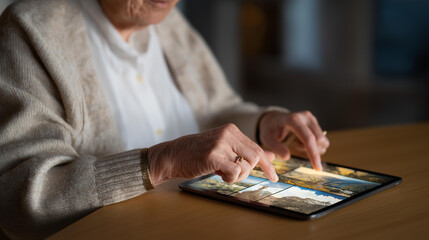 Close-up of wrinkled hands placing old photos beside a glowing tablet displaying the same images — an emotional fusion of memory and innovation, representing how technology helps preserve family
