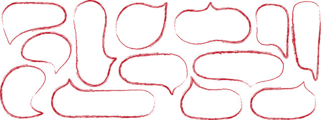 Hand-drawn red speech bubble set with textured outlines for creative design use. Unique sketch-style dialog shapes ideal for comics and illustrations. Modern artistic bubble collection for layouts.