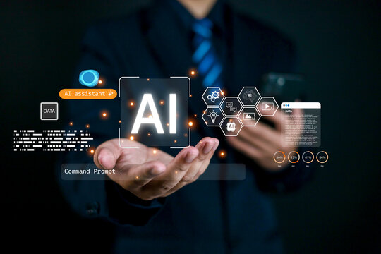 A businessman holding a glowing AI interface surrounded by digital data icons, illustrating artificial intelligence innovation, machine learning technology, and modern data-driven solutions.