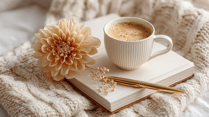 Cozy still life with coffee, dahlia, book, and pen on a soft knitted blanket. A beautiful dahlia flower and a cup of coffee rest on a book, creating a warm and inviting scene