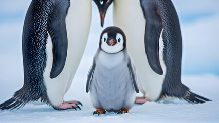 Adorable baby penguin standing proudly with its parents in a snowy landscape, perfect for wildlife conservation or educational materials about Antarctica