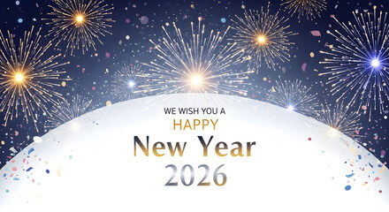 Happy New Year 2026 celebration with fireworks and confetti festive design for greeting cards and holiday events on a dark blue ba