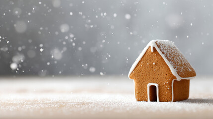 Close-up of a small gingerbread house with white icing and powdered sugar resembling snow on a wooden surface with falling snowflakes in the background