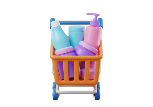 3d icon of shopping cart full of cosmetic products isolated on transparent background