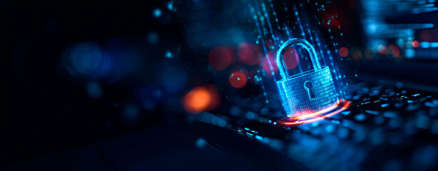 Digital lock symbolizing data encryption on computer keyboard, showcasing security technology