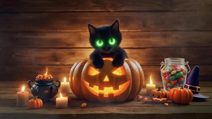 Black cat with glowing green eyes sitting in a carved pumpkin surrounded by Halloween decorations jack-o-lantern - Powered by Adobe