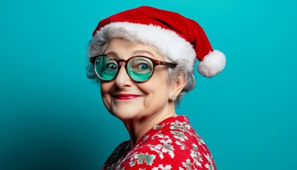 Elderly woman wearing festive headwear and oversized eyeglasses smiles against a vibrant backdrop