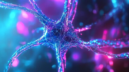 Abstract close up of glowing neural networks and synapses in vibrant blue and magenta colors, representing digital connectivity, neural science research, data communication - Powered by Adobe