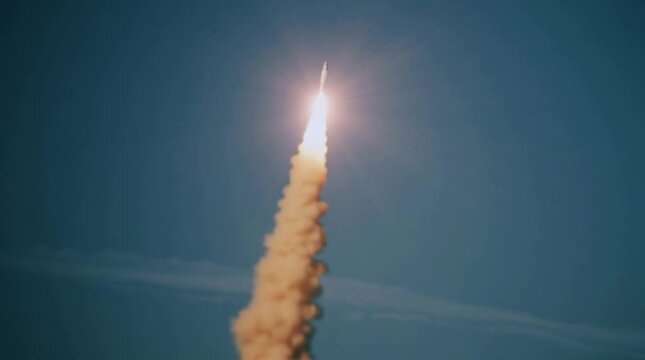 Rewind of spacecraft liftoff. Backwards takeoff of a rocket