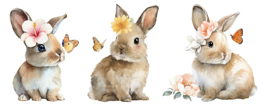 Watercolor Easter set with spring flowers, butterflies and adorable bunnies. Cute rabbit characters with fluffy tails, blooming petals and delicate wings.