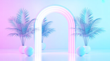 Naklejka premium A minimalist 3D rendering of a neon-lit archway scene with a pastel color palette.