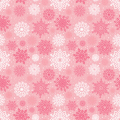 Pink seamless pattern with snowflakes. New Year and Christmas winter design for wrapping paper, textiles, and fabric. Vector illustration.