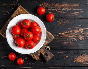 Overhead shot of ripe cherry tomatoes in a white bowl, on a wooden cutting board & dark rustic table