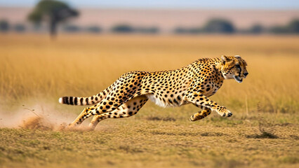 Graceful cheetah sprints across the golden savanna, showcasing speed and power in a dynamic wildlife scene, a majestic predator in its natural habitat