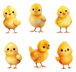 Watercolor chicks set. Yellow fluffy newborn chicks. Spring bird characters and Easter symbols. Tiny farm animals with expressive faces. Vector illustration.