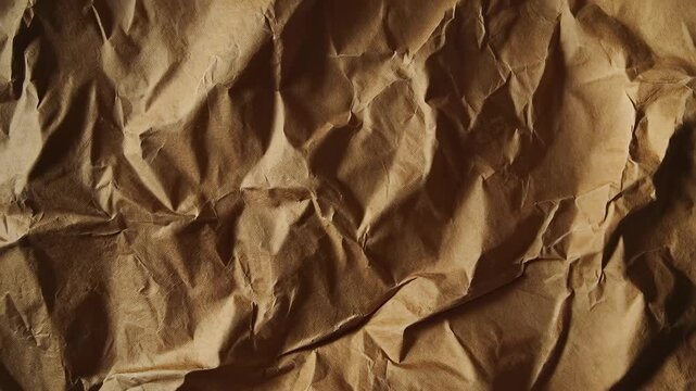 Close up of textured kraft brown paper with crumpled folds and soft shadows, showcasing tactile surface quality ideal for packaging design, background textures, and layouts