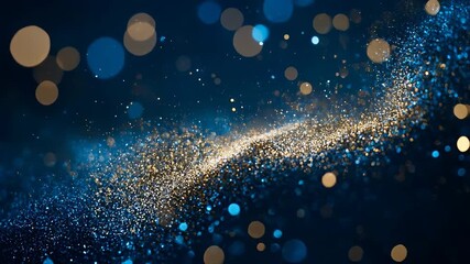 Abstract golden bokeh lights on a deep blue background create a festive, magical atmosphere, ideal for celebrations, luxury branding, events, and decorative design themes