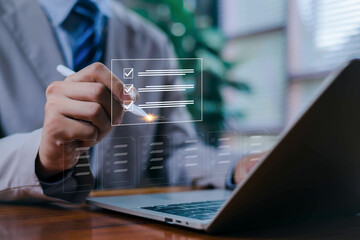 A person signing a digital smart contract on a laptop, illustrating blockchain agreement technology, secure digital authorization, and modern automated contract management in a tech workspace.