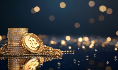 Stack of gold bitcoin adorned with jewels and gold chains, symbolizing cryptocurrency wealth and luxury finance on a dark bokeh background
