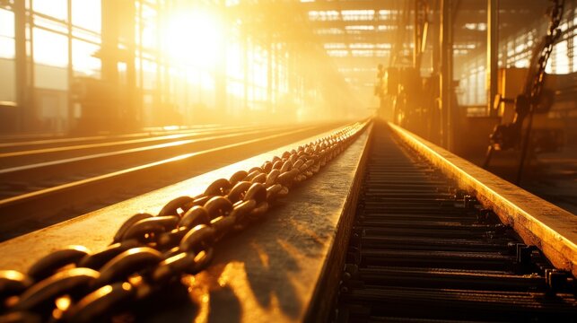 Unused Assembly Line in Golden Light with Industrial Background