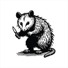 Quirky opossum character with a knife provides a unique and humorous design element for your creative projects