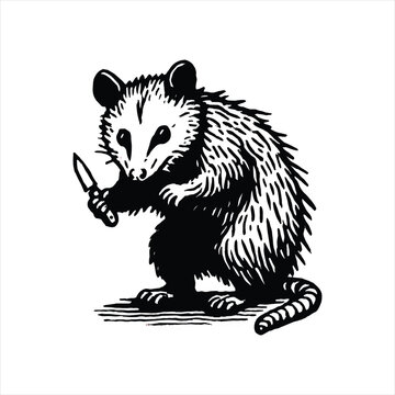 Quirky opossum character with a knife provides a unique and humorous design element for your creative projects