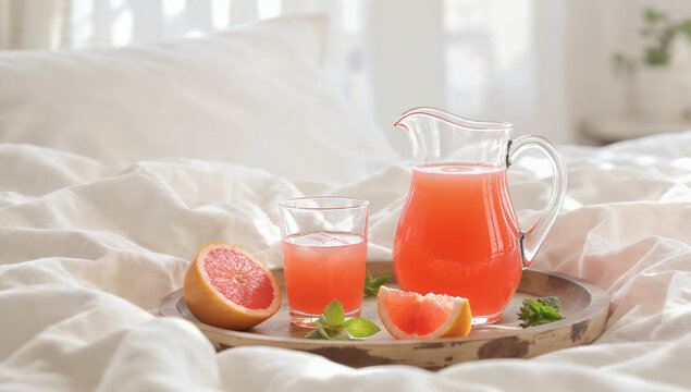 Refreshing pink grapefruit juice with fresh fruit and mint on a wooden tray for a healthy breakfast in bed in a bright white bedroom.