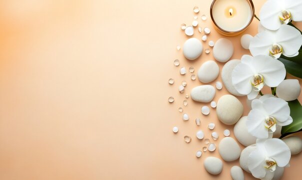 Spa treatment setting featuring burning candle, white orchid flowers, zen stones, and water drops on a calm background - Powered by Adobe