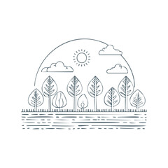 Fototapeta premium Stylized Linear Landscape with Trees, Sun, and Clouds