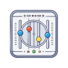 Colorful music equalizer sliders with round knobs and control buttons for audio adjustment