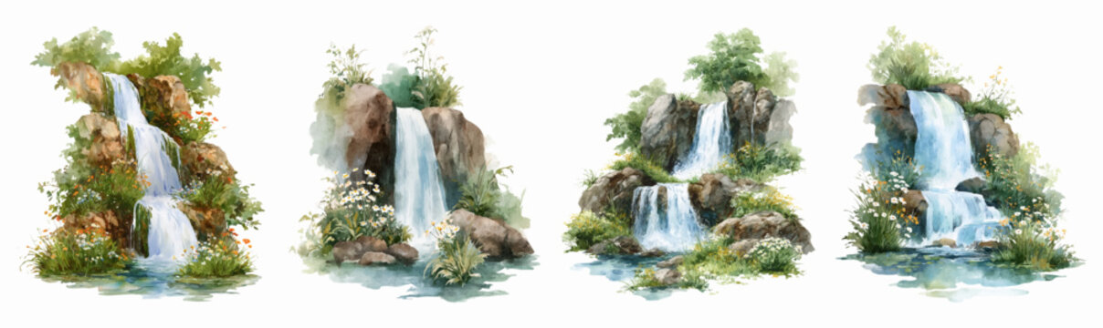 Watercolor waterfall illustration with cascading stream flowing over stones. Green trees and mountains frame natural landscape scene with splashing water. 